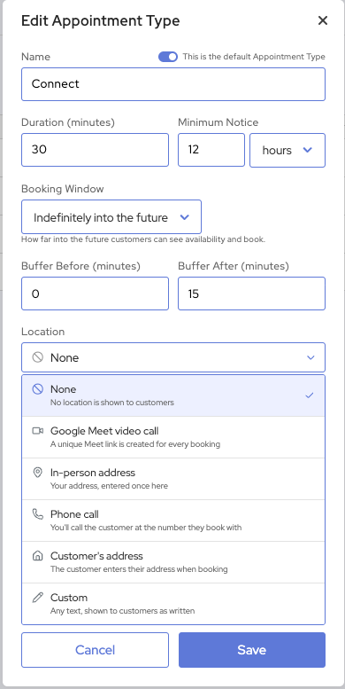 Edit Appointment Type window in SMS Reminder with the Location menu open, listing six options: None, Google Meet video call, In-person address, Phone call, Customer's address and Custom