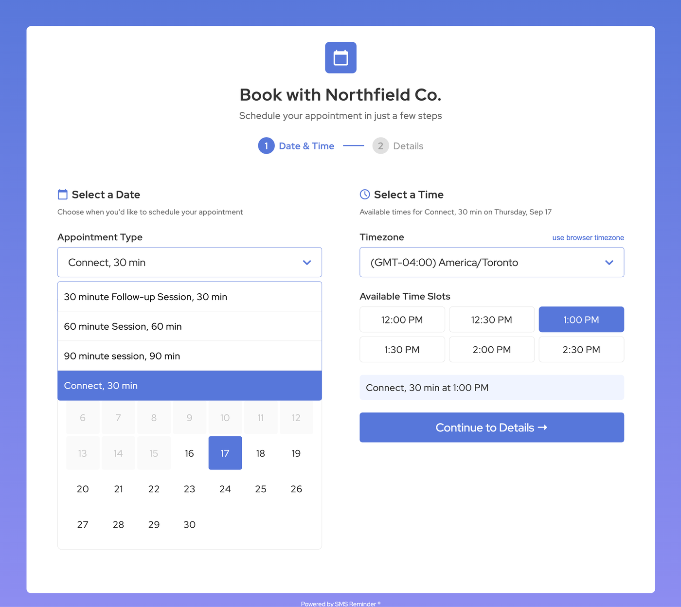 SMS Reminder booking page for Northfield Co. with the appointment type menu open, listing four appointment types of different lengths