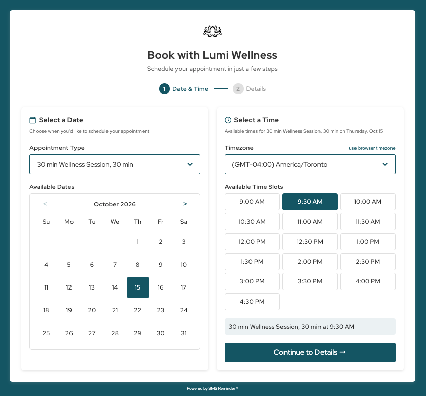 Booking page for a sample business, Lumi Wellness, with a lotus logo at the top and a dark teal brand colour on the page background, the selected date, the selected 9:30 AM time slot and the Continue to Details button