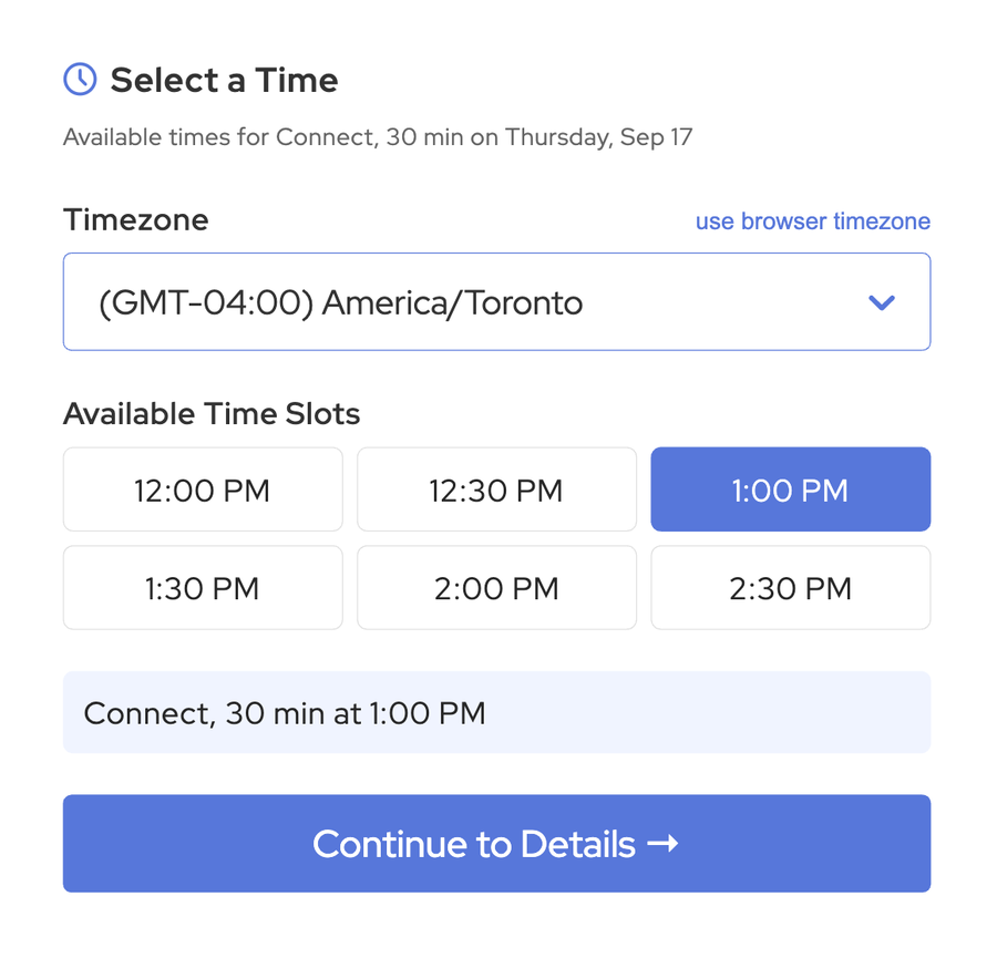 Time step of an SMS Reminder booking page: a time zone menu, available time slots from 12:00 PM to 2:30 PM with 1:00 PM selected, and a Continue to Details button