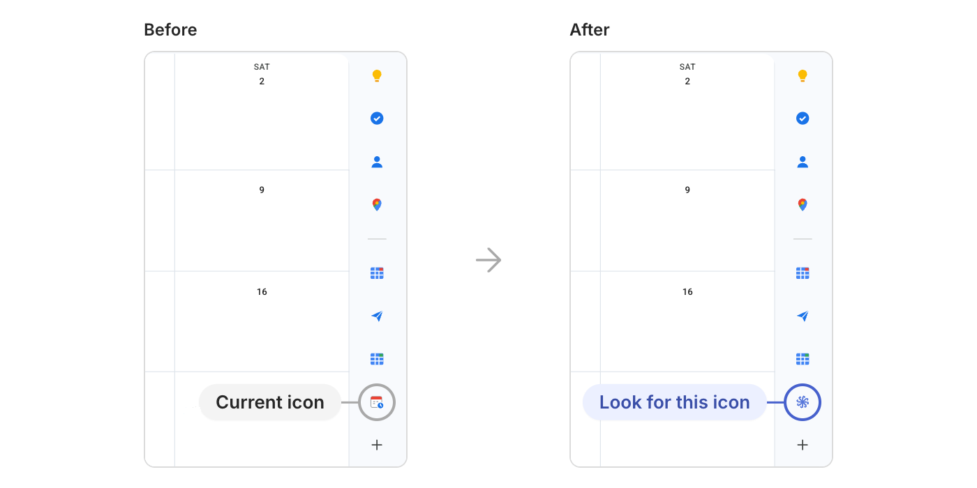 Google Calendar's right-hand icon strip, before and after: the calendar icon is replaced by the Kalama icon in the same position.
