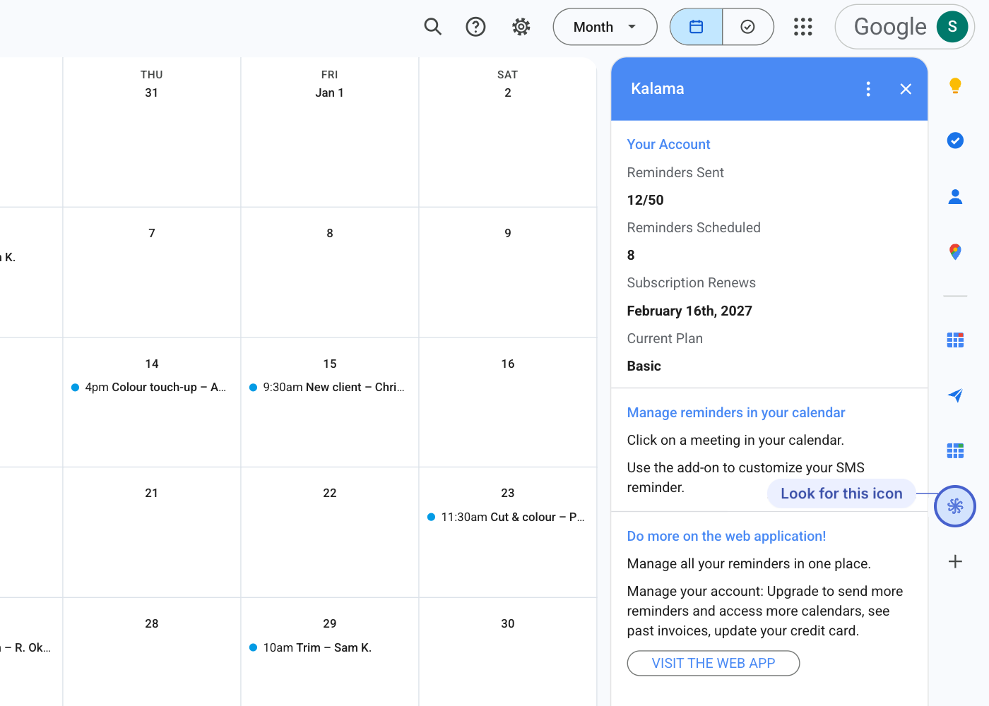 Google Calendar with the Kalama side panel open, with the Kalama icon circled in the right-hand icon strip.